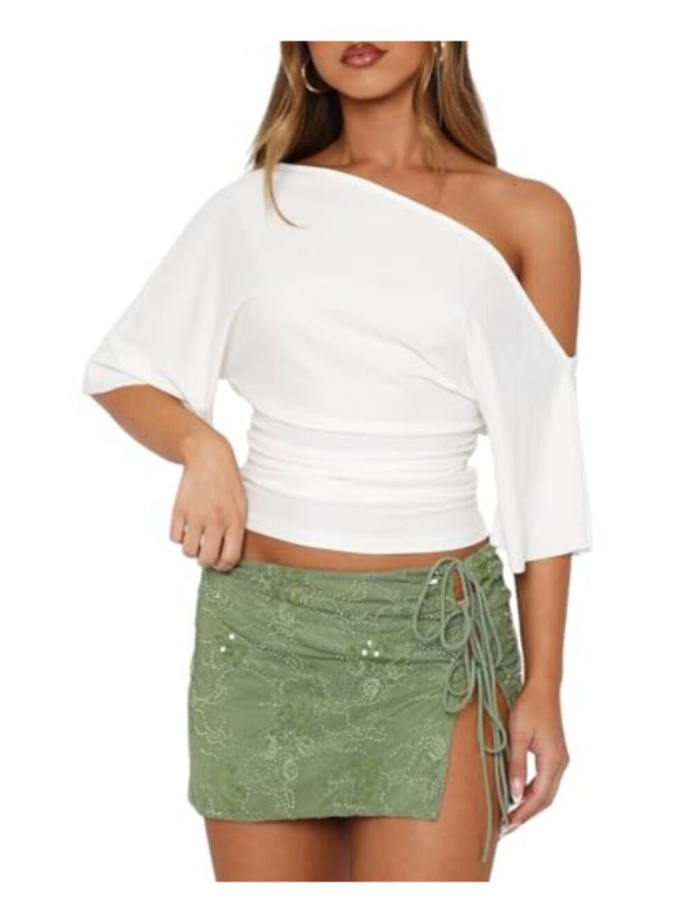 Off The Shoulder Short Sleeve Crop Top Asymmetrical Cinched Waist